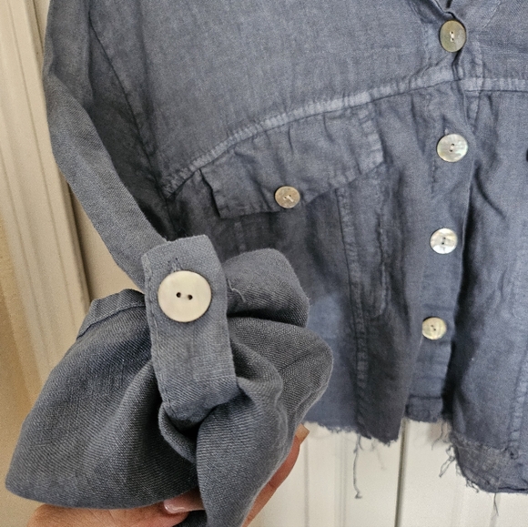 Made in Italy 100% Raw Linen Cropped Button Shirt Blue Lightweight Boho Top S/M. - Picture 4 of 10
